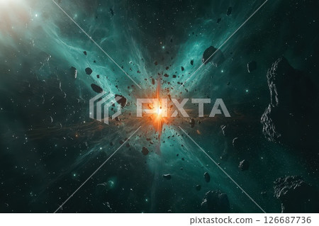 Exploding Star in Vivid Cyan Cosmic Scene Exploding Star in Vivid Cyan Cosmic Scene 126687736