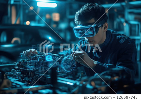 Engineer in Futuristic Lab Working on Automotive Technology with VR 126687745