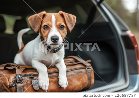 Adorable Dog with Brown and White Fur Relaxing on a Travel Bag in a Car's Trunk 126687757