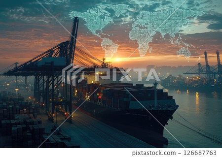 Cargo Ship Unloading Containers at Dusk with Cranes 126687763