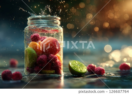 Fresh Fruit Still Life in Glass Jar with Splashes and Bokeh Background Fresh Fruit Still Life in Glass Jar with Splashes and Bokeh Background 126687764