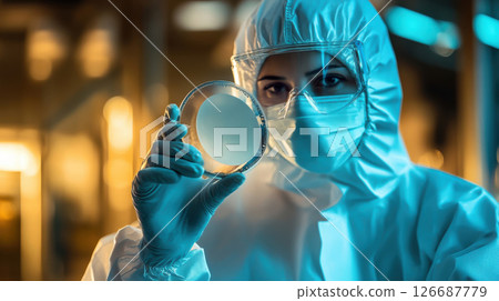 Technician in protective suit holding silicon wafer computer. 126687779