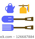 Minimalist gardening tool icons in bold color blocks, great for educational material, garden planning, and vector icon collections. 126687884