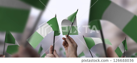 Nigeria flags in their hands on a blurred urban background 126688036