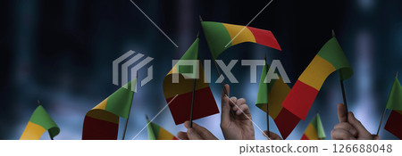 Mali flags in their hands on a blurred urban background 126688048