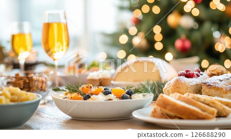 Festive christmas dinner table setting with delicious treats and sparkling wine 126688290
