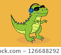 cartoon illustration of a dinosaur wearing glasses and headphones 126688292