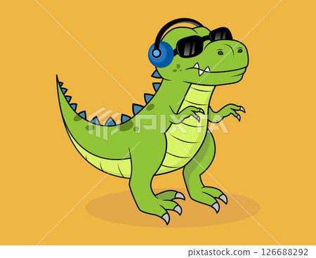 cartoon illustration of a dinosaur wearing glasses and headphones cartoon illustration of a dinosaur wearing glasses and headphones 126688292
