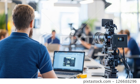 Filmmaker working on video production in modern office setting. 126688296