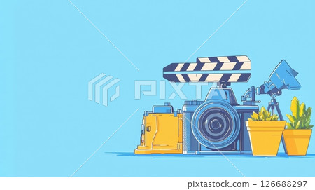 Filmmaking setup camera clapperboard plants blue background 126688297