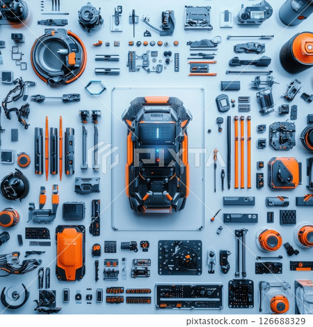Futuristic tech gadget disassembled orange and grey components 126688329