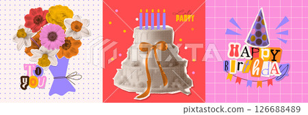 Set of birthday greeting cards in vintage halftone collage style. Postcards with delicious birthday cake, wishing candles and flower bouquet. Birthday Party Celebration Invitation. Vector collection Set of birthday greeting cards in vintage halftone collage style. Postcards with delicious birthday cake, wishing candles and flower bouquet. Birthday Party Celebration Invitation. Vector collection 126688489