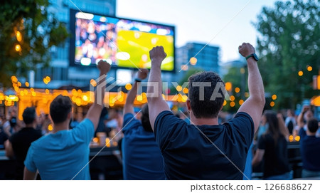 Outdoor sports fans cheering big screen tv Outdoor sports fans cheering big screen tv 126688627
