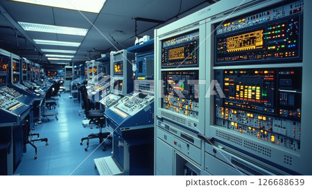 Retro tech control room vintage computing server room interior 126688639