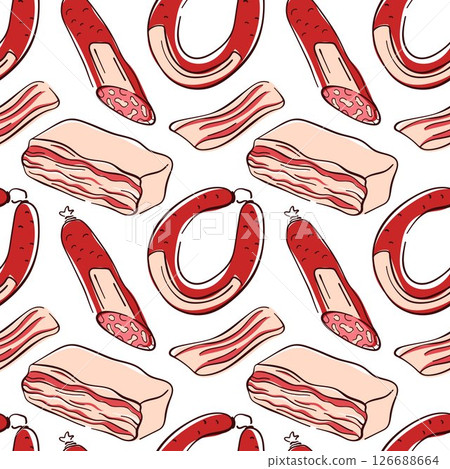 Seamless pattern of sausage, bacon and salami in flat style on white background. Ideal for delivery packaging, kitchen decor or restaurant wrapping paper. Seamless pattern of sausage, bacon and salami in flat style on white background. Ideal for delivery packaging, kitchen decor or restaurant wrapping paper. 126688664