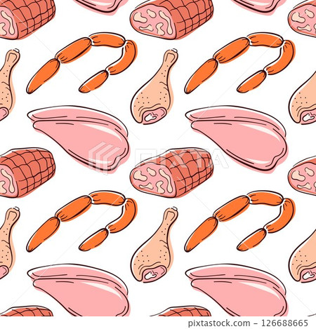 Seamless pattern of chicken fillet and leg, sausages and ham in flat style on white background. Ideal for food packaging, kitchen decor or butcher shop wrapping paper. 126688665