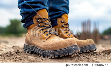 Sturdy work boots on construction site. 126688743