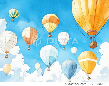 Watercolor Illustration of Hot Air Balloons Floating in a Blue Sky with White Clouds Watercolor Illustration of Hot Air Balloons Floating in a Blue Sky with White Clouds 126688798