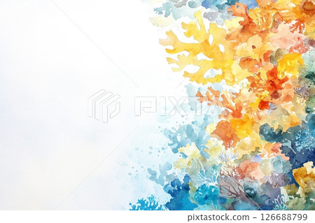 Watercolor Painting of Coral Reef in Vibrant Yellow and Blue Hues with White Space for Text 126688799