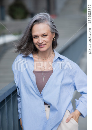 Portrait of a Caucasian mature woman with gray hair.  126688862