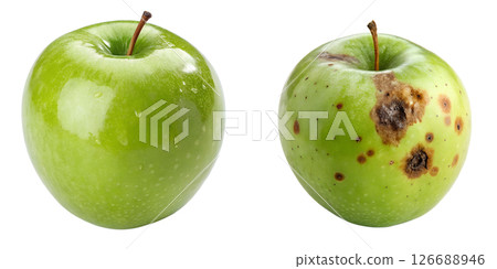 Fresh and spoiled green apples comparison isolated on transparent background, healthy vs moldy food concept, diet and waste 126688946