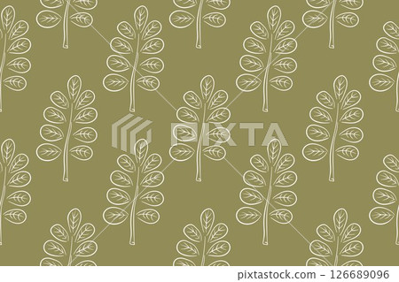 Simple seamless autumn pattern with acacia leaves in line art style. Design for textile, fabric, wallpaper, print, gift wrapping, postcard on green background. Simple seamless autumn pattern with acacia leaves in line art style. Design for textile, fabric, wallpaper, print, gift wrapping, postcard on green background. 126689096