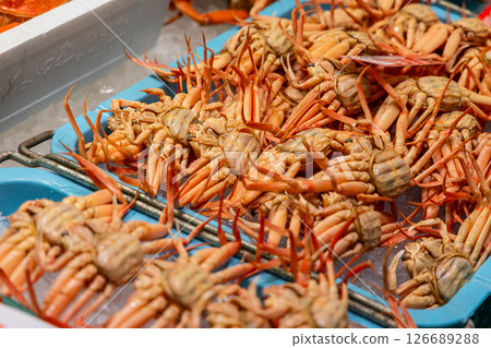 Small crabs arranged belly up on ice in blue trays at a Japanese seafood market 126689288