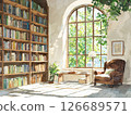 Sunny Library Nook with Armchair and Bookshelves. 126689571