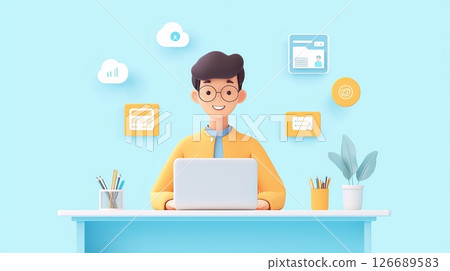 Young Man Working on Laptop at Desk (3D Render). Young Man Working on Laptop at Desk (3D Render). 126689583