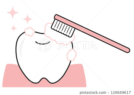 Illustration of brushing teeth. Image of teeth brushing with a toothbrush and sparkling. 126689617
