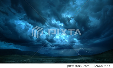 Dark clouds gather, lightning flashes, and a summer thunderstorm builds, creating a suspenseful spectacle. 126689653