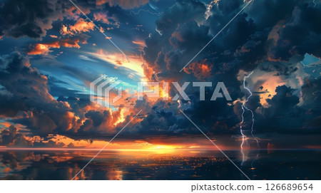 Dark clouds gather, lightning illuminates the evening sky, hinting at the approaching summer tempest. 126689654