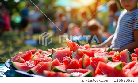 Relishing juicy watermelon slices on a scorching summer day embodies pure seasonal bliss. 126689655
