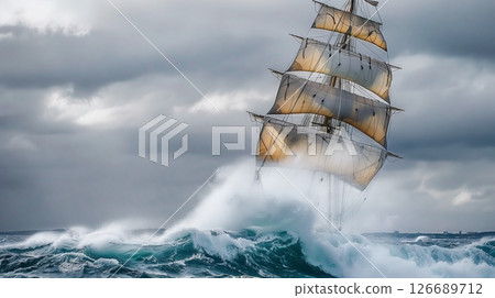 A ship with billowing sails cuts through the waves, driven by the wind and guided by the stars. 126689712