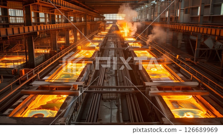 A colossal glass plant with massive furnaces and conveyors of molten glass creates a mesmerizing scene. 126689969