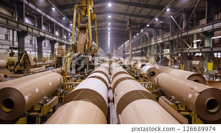 A vast paper mill processes and refines kilometers of paper rolls, ensuring high-quality output for various uses. 126689974