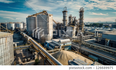 A massive fertilizer facility, with towering silos and pipes, showcases modern agricultural advancements. 126689975