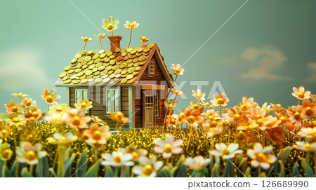 A serene cottage with gardens of gold-coin flowers symbolizes the peace and comfort of reliable dividends. 126689990