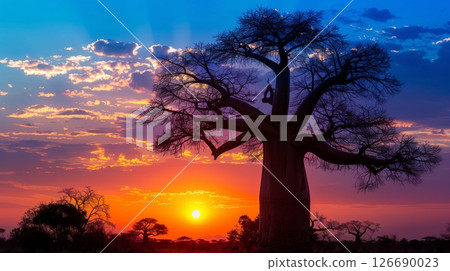 A towering baobab tree silhouetted against a vivid African sunset, casting long shadows in orange hues. 126690023
