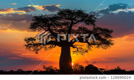 A striking silhouette of a baobab tree stands against a vibrant African sunset, outlined by glowing hues. 126690024