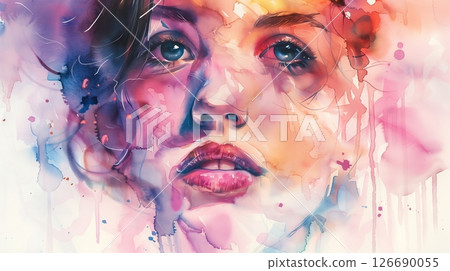 Watercolor portraits convey depth and nuance with subtle color blends, capturing detail and intimacy. 126690055