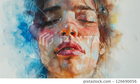 Watercolor portraits convey depth by blending delicate hues and detailed brushwork, capturing emotions beautifully. 126690056