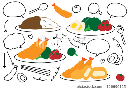 Set of hand-drawn cute food, speech bubbles and arrows Set of hand-drawn cute food, speech bubbles and arrows 126690115
