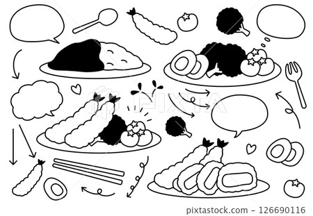 一組手繪可愛的食物、氣泡和箭頭 一組手繪可愛的食物、氣泡和箭頭 126690116