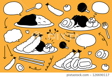 一組手繪可愛的食物、氣泡和箭頭 126690117