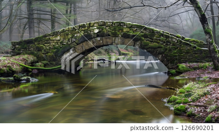 A moss-covered stone bridge arches over a reflective river, creating a serene and timeless scene. 126690201