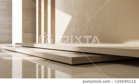 MDF board in modern furniture enhances sleek, minimalist decor with clean lines and versatile use. 126690218
