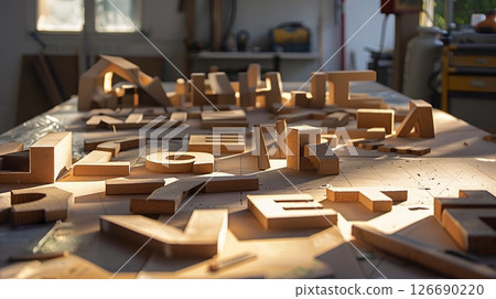 MDF board letters arranged on a workshop table, bathed in natural light. A craftsman meticulously positions each. 126690220