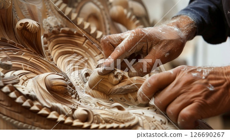 Artisans meticulously sculpt intricate wood designs, capturing natures beauty in every detail. 126690267