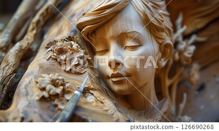 Wood carving reveals the soul within timber, transforming it into art that reflects the artisan's vision. 126690268